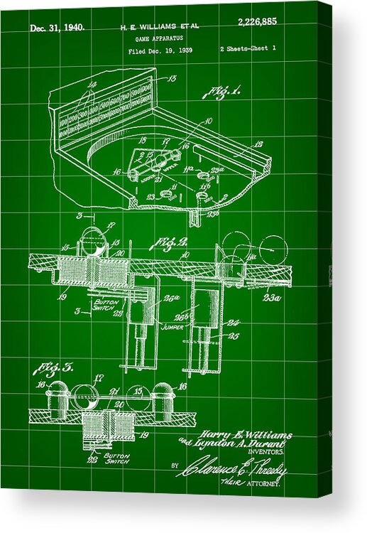 Pinball Acrylic Print featuring the digital art Pinball Machine Patent 1939 - Green by Stephen Younts