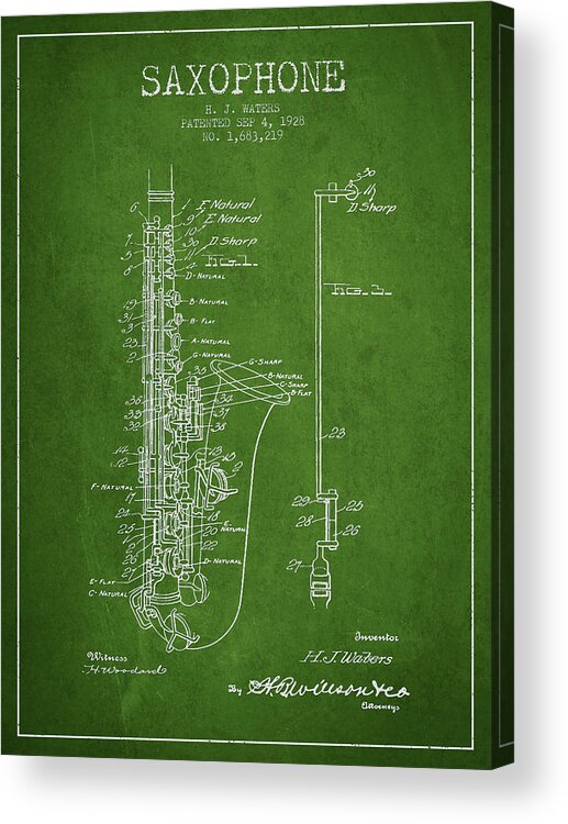 Saxophone Acrylic Print featuring the digital art Saxophone Patent Drawing From 1928 #3 by Aged Pixel