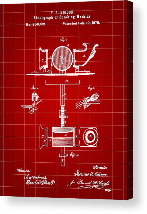 Phonograph Acrylic Print featuring the digital art Edison Phonograph Patent 1878 - Red by Stephen Younts