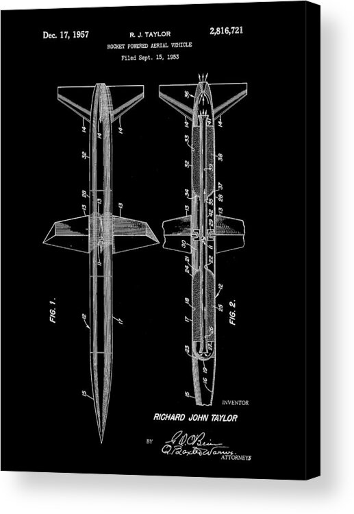 Rocket Acrylic Print featuring the digital art Rocket Patent 1953 - Black by Stephen Younts