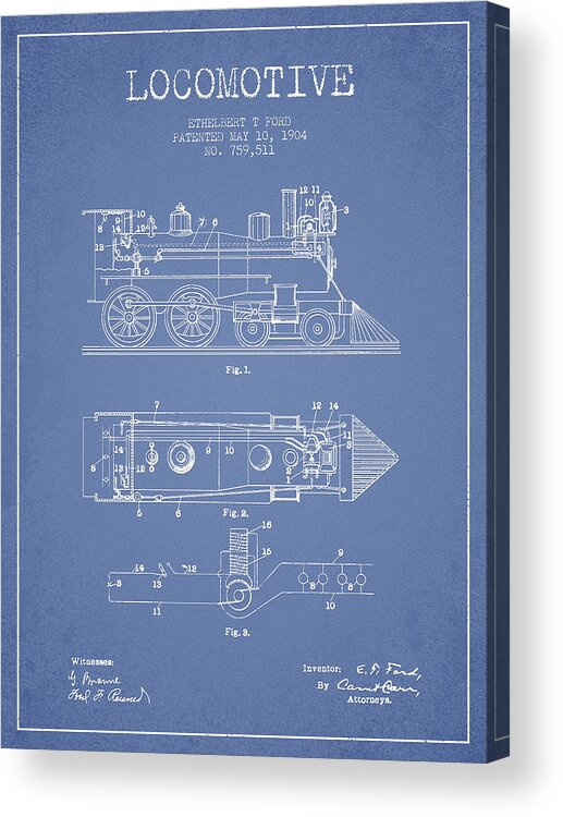 Locomotive Acrylic Print featuring the digital art Vintage Locomotive patent from 1904 #5 by Aged Pixel