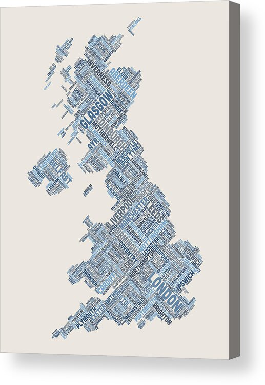 United Kingdom Acrylic Print featuring the digital art Great Britain UK City Text Map #7 by Michael Tompsett