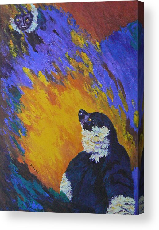 Black And White Ruffed Lemur Acrylic Print featuring the painting A Proud Mother by Margaret Saheed