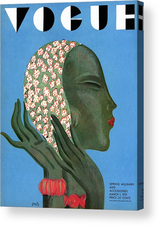 Illustration Acrylic Print featuring the photograph A Vogue Cover Of A Woman Putting On A Hat by Eduardo Garcia Benito