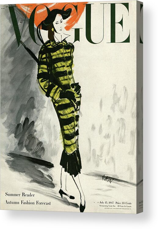 Exterior Acrylic Print featuring the photograph A Vogue Cover Of A Woman Wearing A Striped Coat by Rene Bouet-Willaumez