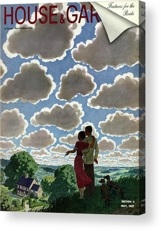 House And Garden Acrylic Print featuring the photograph A Young Couple And Their Dogs On A Hilltop by Pierre Brissaud