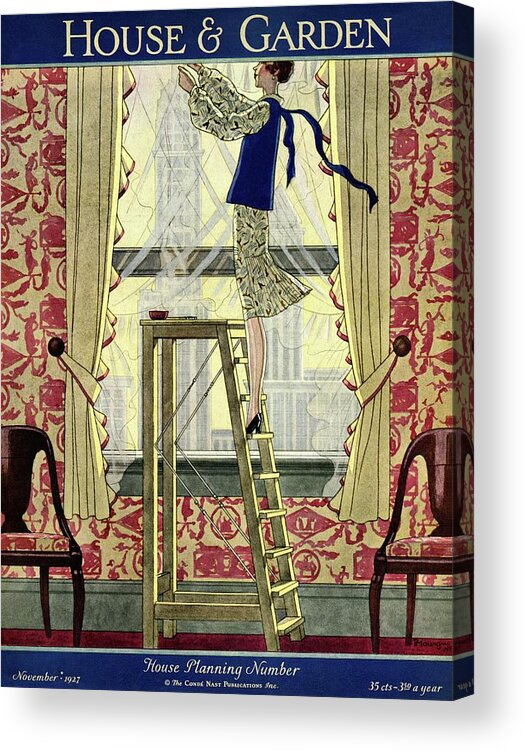 House And Garden Acrylic Print featuring the photograph A Young Matron Adjusting Curtains by Pierre Mourgue