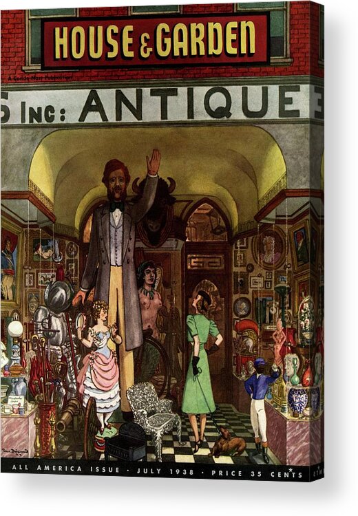 House And Garden Acrylic Print featuring the photograph A Young Matron In Front Of A Antique Store by Pierre Brissaud