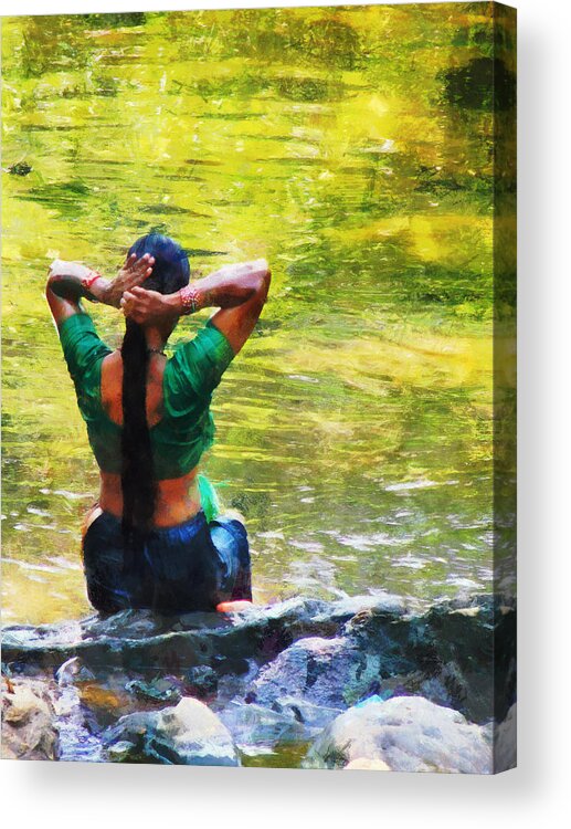 Indian Woman Acrylic Print featuring the photograph After the River Bathing. Indian Woman. Impressionism by Jenny Rainbow