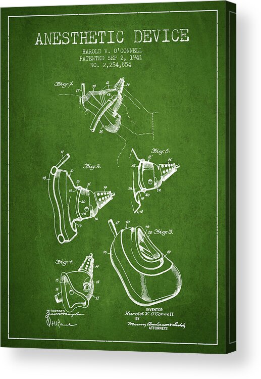 Anesthetic Acrylic Print featuring the digital art Anesthetic Device patent from 1941 - Green by Aged Pixel