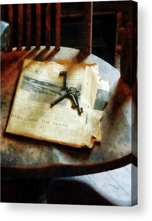 Keys Acrylic Print featuring the photograph Antique Keys on Newspaper by Susan Savad