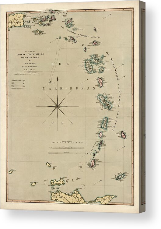 Caribbean Acrylic Print featuring the drawing Antique Map of the Caribbean - Lesser Antilles - by Mathew Richmond - 1789 by Blue Monocle