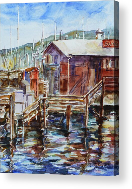 Landscape Acrylic Print featuring the painting At Monterey Wharf CA by Xueling Zou