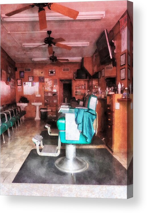 Barber Acrylic Print featuring the photograph Barber - Barber Shop With Green Barber Chairs by Susan Savad