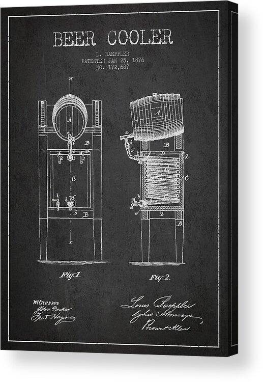 Beer Keg Acrylic Print featuring the digital art Beer Cooler Patent Drawing from 1876 - Dark by Aged Pixel