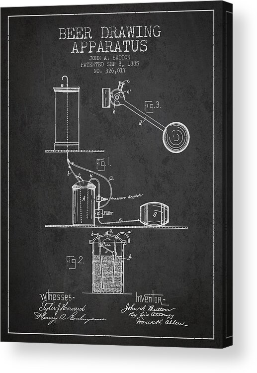 Beer Keg Acrylic Print featuring the digital art Beer Drawing Apparatus Patent from 1885 - Dark by Aged Pixel