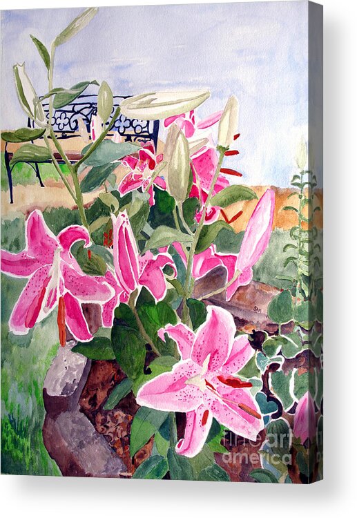 Lily Acrylic Print featuring the painting Bench on a Hill by Sandy McIntire