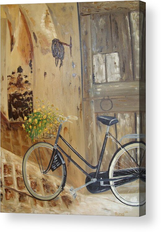 Black Acrylic Print featuring the painting Black Bicycle by Sunel De Lange