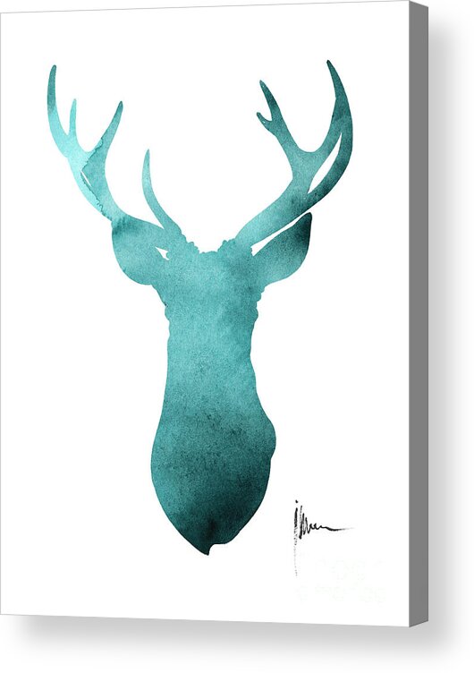 Deer Acrylic Print featuring the painting Blue deer antlers watercolor art print painting by Joanna Szmerdt