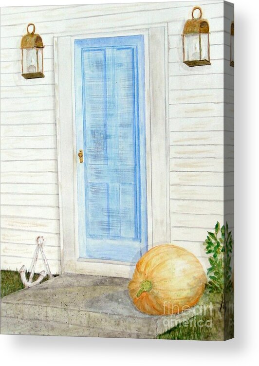 Doorway Acrylic Print featuring the mixed media Blue Door with Pumpkin by Barbie Corbett-Newmin