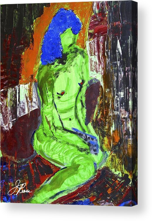 Nude Female Acrylic Print featuring the painting Blue Haired Nude by Joan Reese