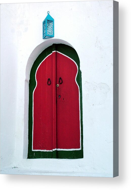 Sidi Bou Said Acrylic Print featuring the photograph Blue Lantern Over Red Door by Donna Corless