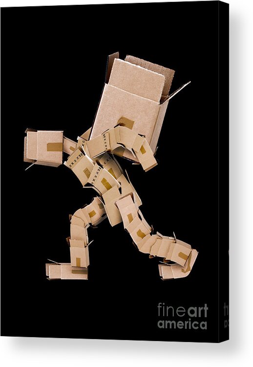 Strength Acrylic Print featuring the photograph Box character carrying large box by Simon Bratt