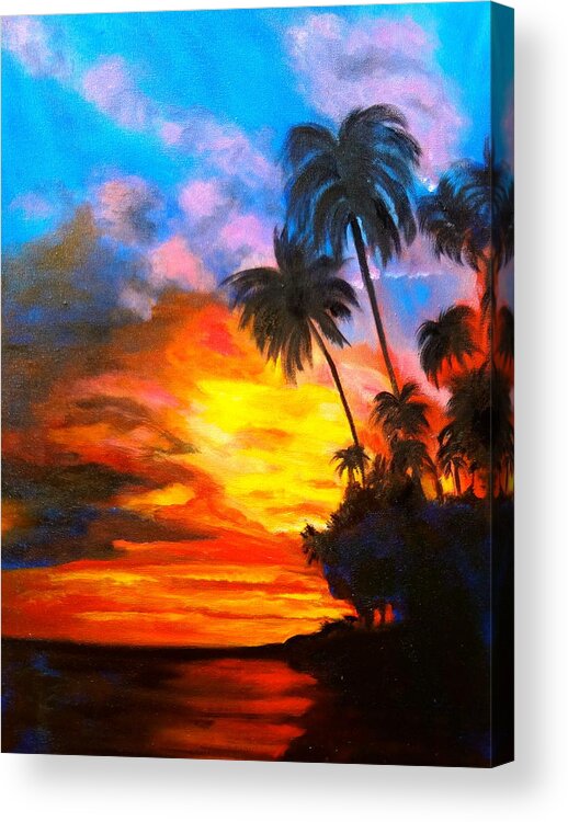 Orange Sunset Acrylic Print featuring the painting Brilliant Hawaiian Sunset 11 by Jenny Lee