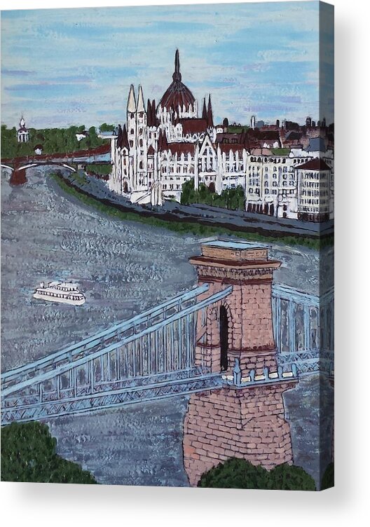 Budapest Acrylic Print featuring the painting Budapest Bridge by Jasna Gopic