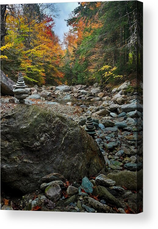 Autumn Foliage New England Acrylic Print featuring the photograph Cairn amid Vermont fall colors by Jeff Folger