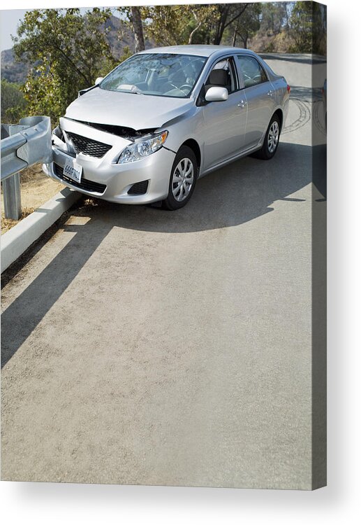 Problems Acrylic Print featuring the photograph Car wrecked on road guardrail by Chris Ryan