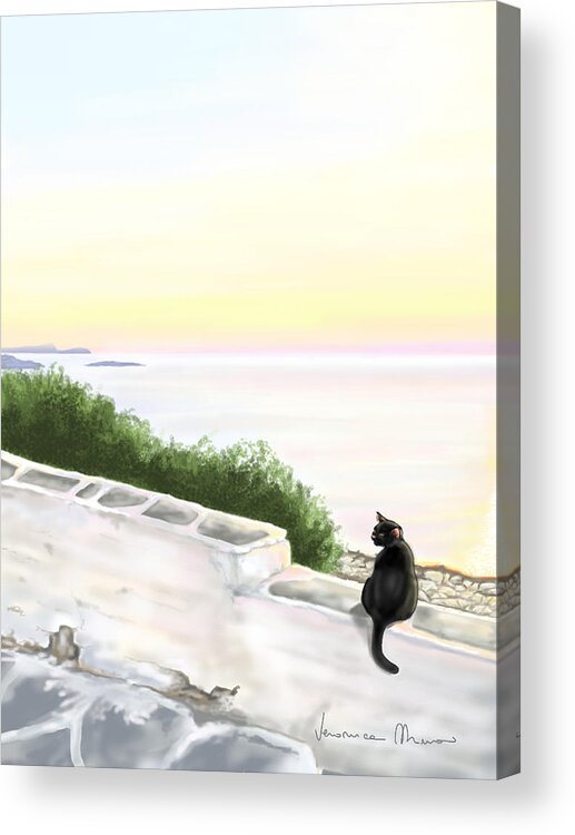 Sunset Acrylic Print featuring the painting Cat on the port by Veronica Minozzi