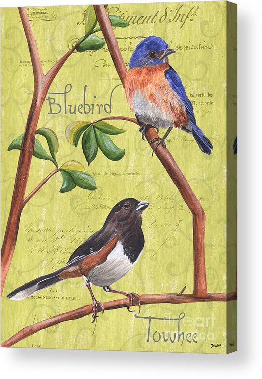 Bird Acrylic Print featuring the painting Citron Songbirds 1 by Debbie DeWitt