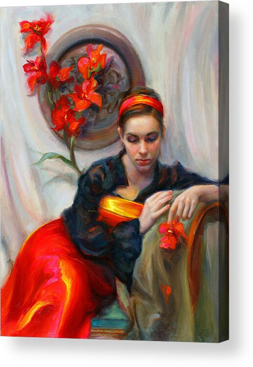 Talya Acrylic Print featuring the painting Common Threads - Divine Feminine in silk red dress by Talya Johnson