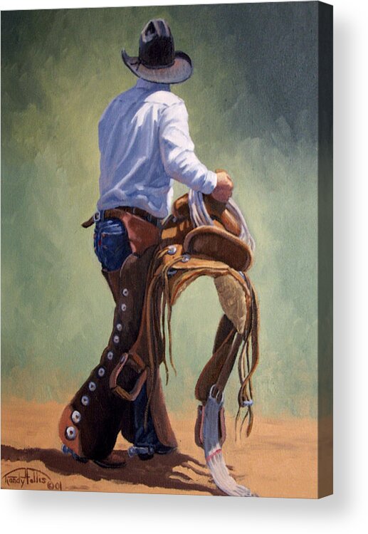 Cowboy Acrylic Print featuring the painting Cowboy With Saddle by Randy Follis