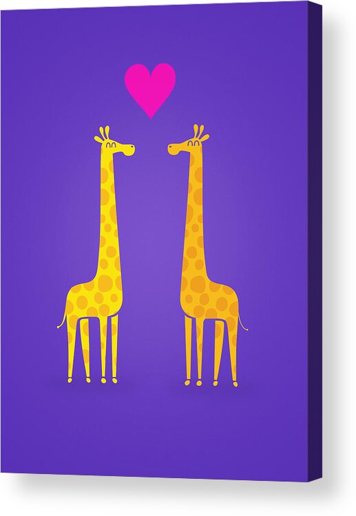 Giraffe Acrylic Print featuring the painting Cute cartoon giraffe couple in Love Purple Edition by Philipp Rietz