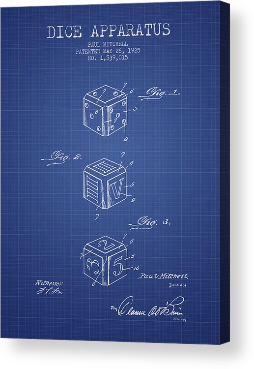 Dice Acrylic Print featuring the digital art Dice Apparatus Patent from 1925 - Blueprint by Aged Pixel