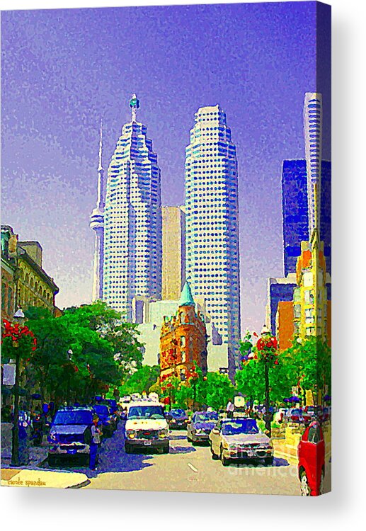 Toronto Acrylic Print featuring the painting Downtown Core Flatiron Building And Cn Tower Toronto City Scenes Paintings Canadian Art Cspandau by Carole Spandau