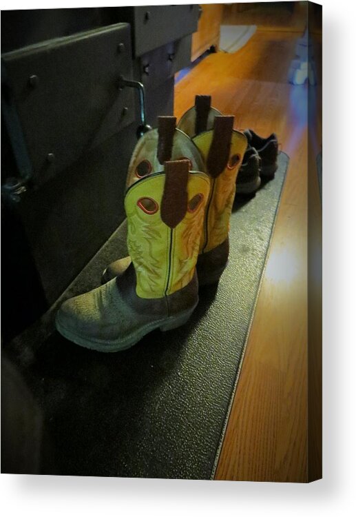 Cowboy Boots Acrylic Print featuring the photograph Drying by the Old Cook Stove by Jeanette Oberholtzer