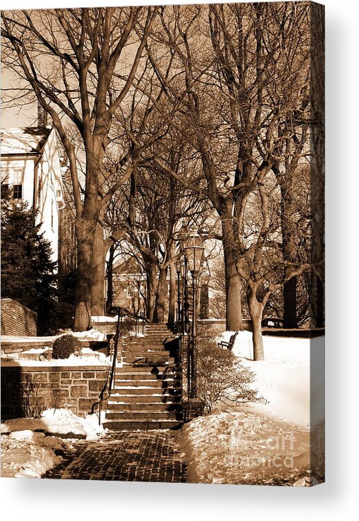 Bethlehem Pa Acrylic Print featuring the photograph Sepia - Entrance to Central Moravian Church Complex from Main Street Bethlehem PA by Jacqueline M Lewis