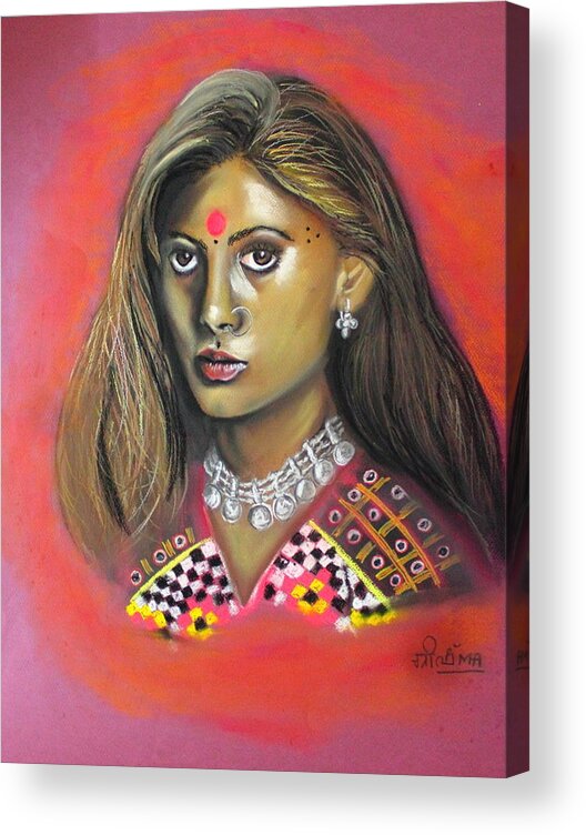 Red India Beauty Woman Dusky Portrait Tribal Silver Jewellery Eyes Colourful Acrylic Print featuring the pastel Fiery Femme by Greeshma Manari