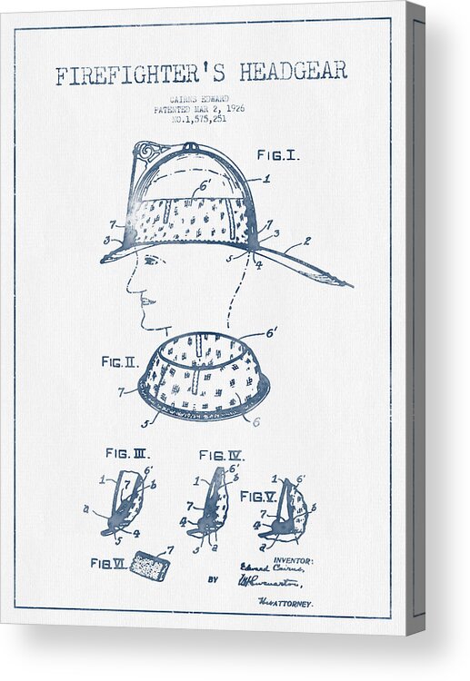 Firefighter Acrylic Print featuring the digital art Firefighter Headgear Patent drawing from 1926- Blue Ink by Aged Pixel