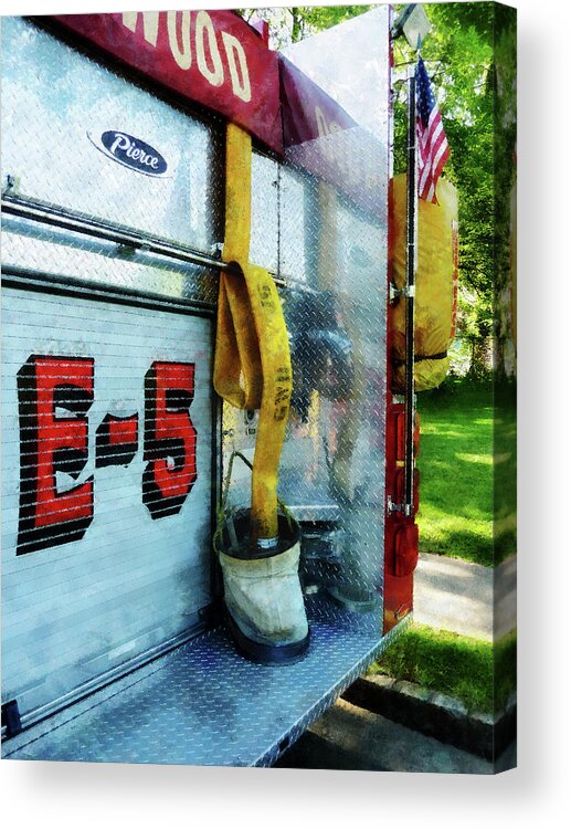 Firefighters Acrylic Print featuring the photograph Fireman - Hose in Bucket on Fire Truck by Susan Savad