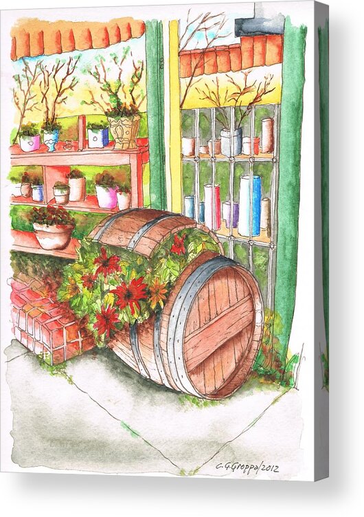 Nature Acrylic Print featuring the painting Barrel with flowers in a flower shop in West Hollywood - California by Carlos G Groppa