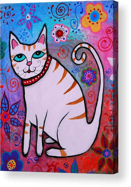 Cat Acrylic Print featuring the painting Folk art White Cat by Pristine Cartera Turkus
