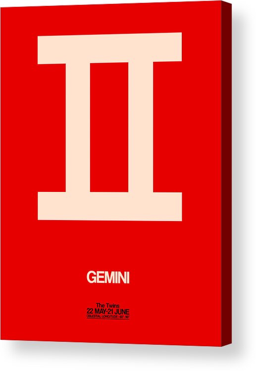 Gemini Acrylic Print featuring the digital art Gemini Zodiac Sign White on Red by Naxart Studio