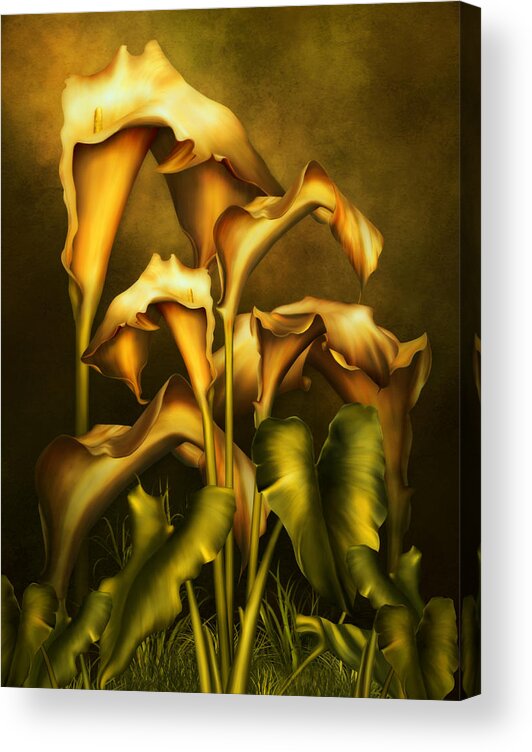 Realism Acrylic Print featuring the mixed media Golden Lilies By Night by Georgiana Romanovna