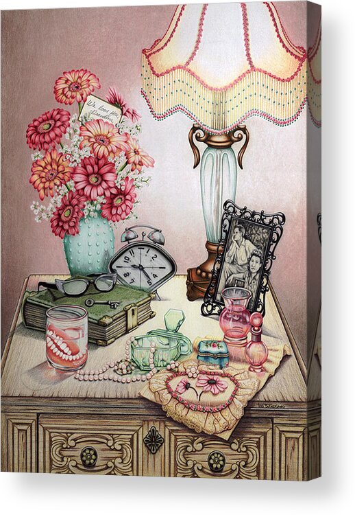 Nightstand Acrylic Print featuring the painting Grandma's Pearly Whites by Lori Sutherland