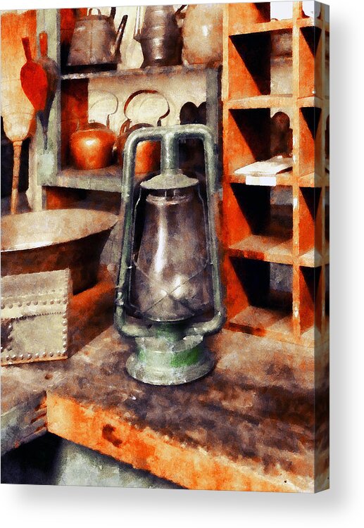 Americana Acrylic Print featuring the photograph Green Hurricane Lamp in General Store by Susan Savad