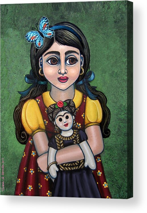 Frida Acrylic Print featuring the painting Holding Frida with Butterfly by Victoria De Almeida